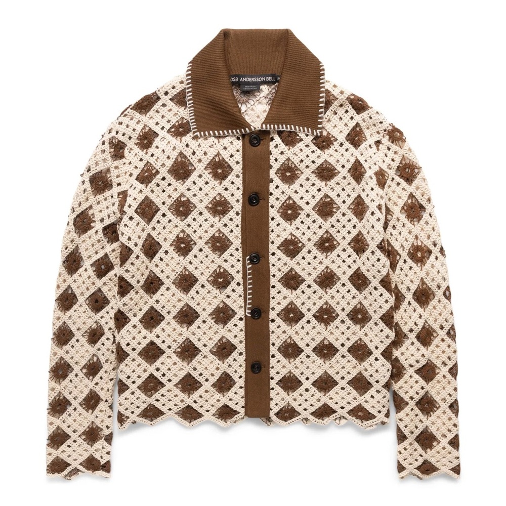 ANDERSON BELL BRAND NEW CROCHET COTTON CARDIGAN BROWN and Cream Patterned L